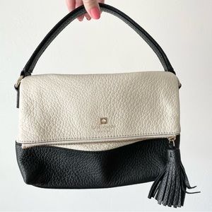 Kate Spade Color Block Flap Shoulder Bag Neutral Cream and Black Fringe